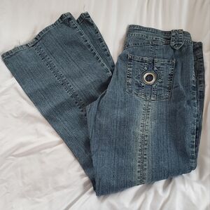 JouJou Sz 13/14 Vtg 1990's T2K Distressed Women's Flare Bell Bottom Jeans Rivets